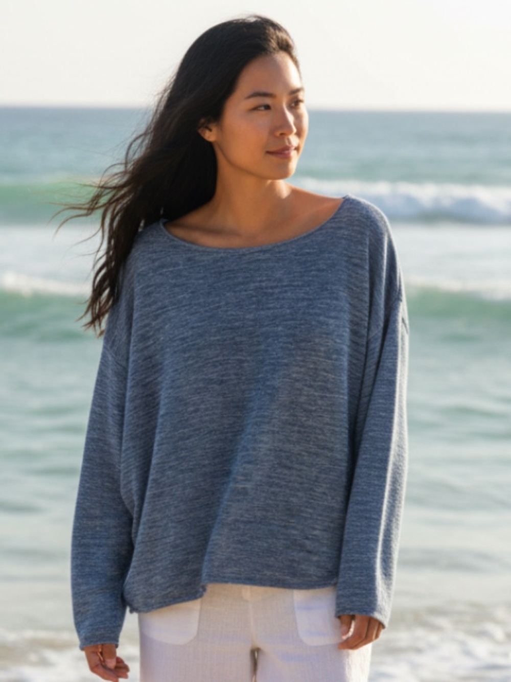 Eileen Fisher Thin Sweater Tunic Shirt Top Sz XL 14 16 Blue LINEN Coastal Flowy